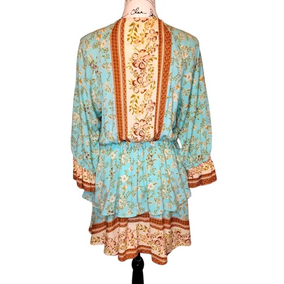 Umgee Floral Boho Layered Midi Dress Size LG Teal Bell Sleeve Border Print Gypsy - Picture 4 of 6